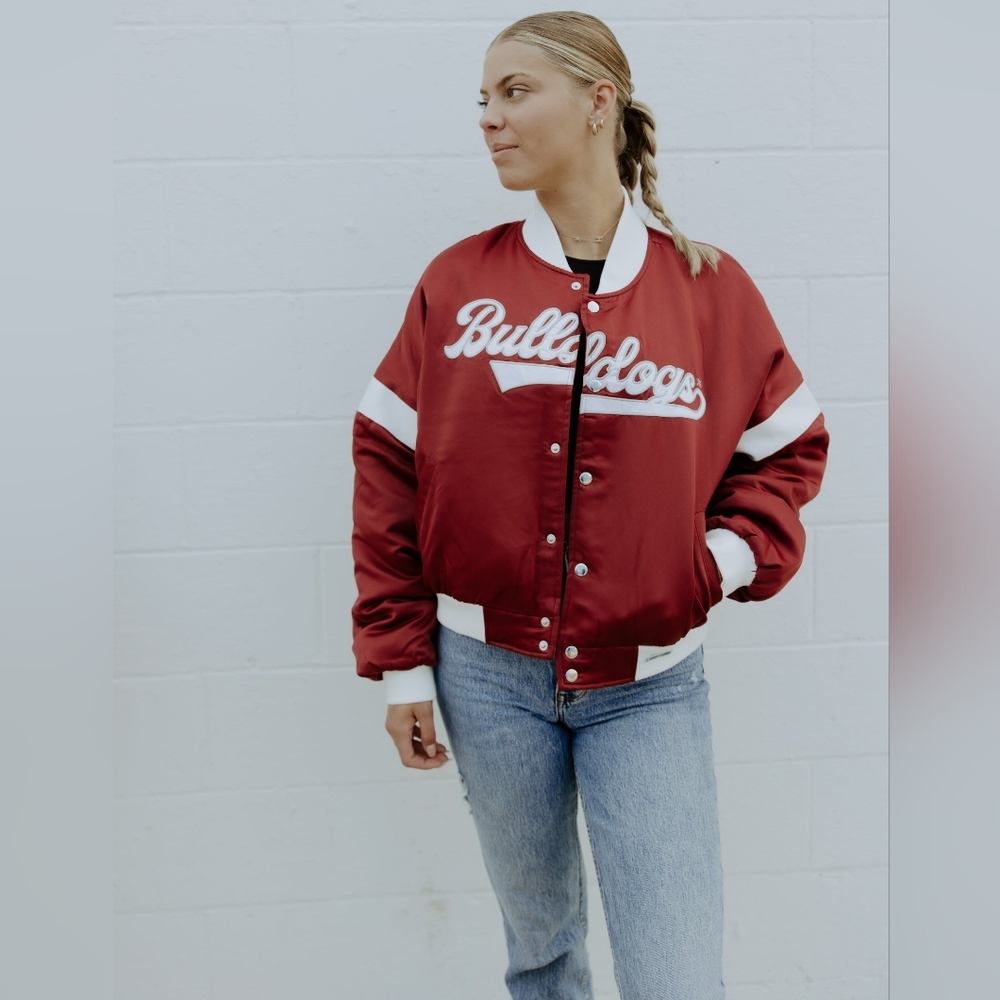 Gameday Social Bulldogs Maroon and White Miles Swipe Varsity Jacket NWT